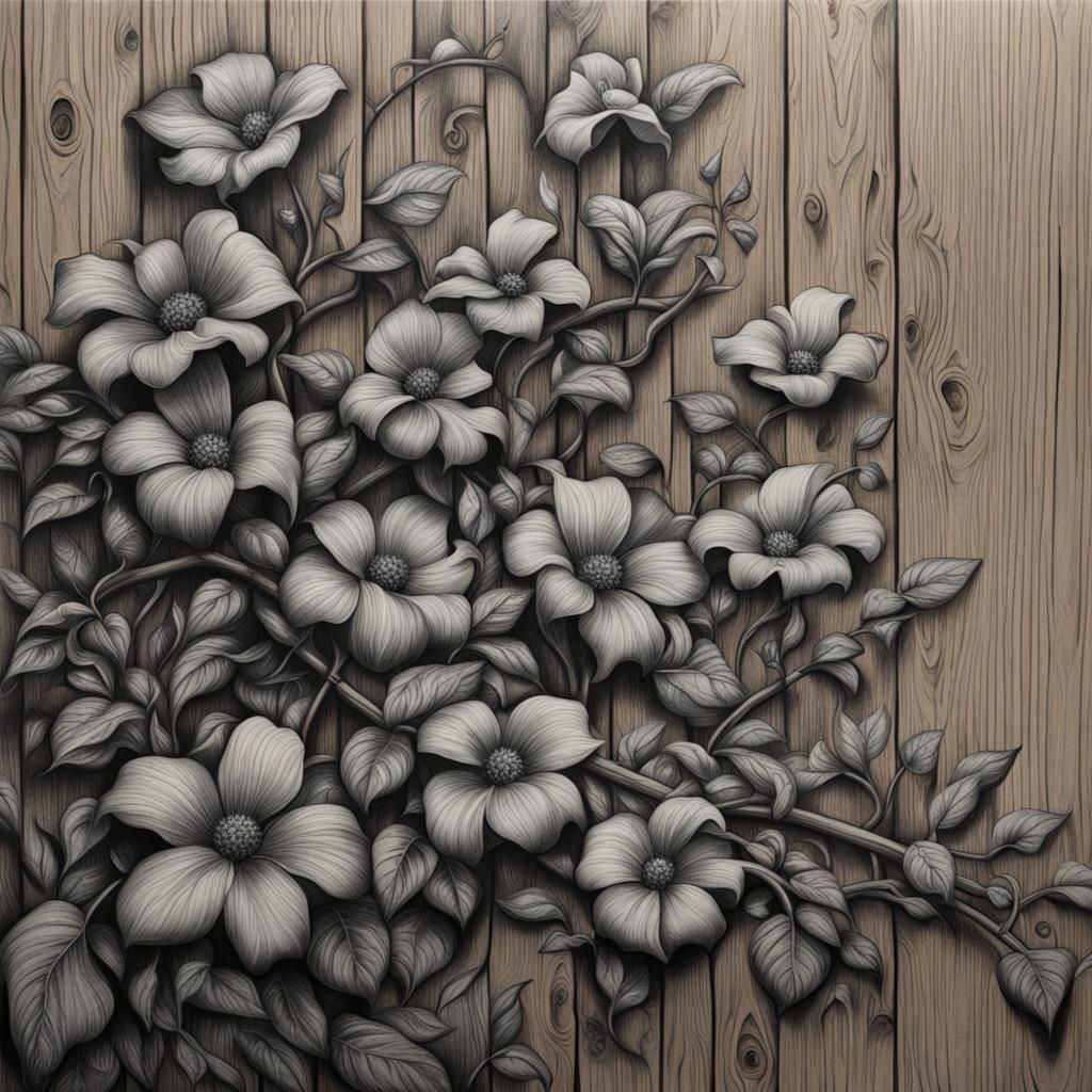 grey-hue flowers on vines crawling up wood wall with dark co...