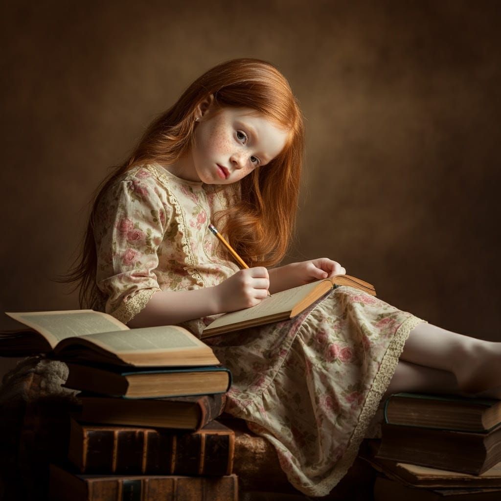 Ginger-Haired Girl in Vintage Bookstore