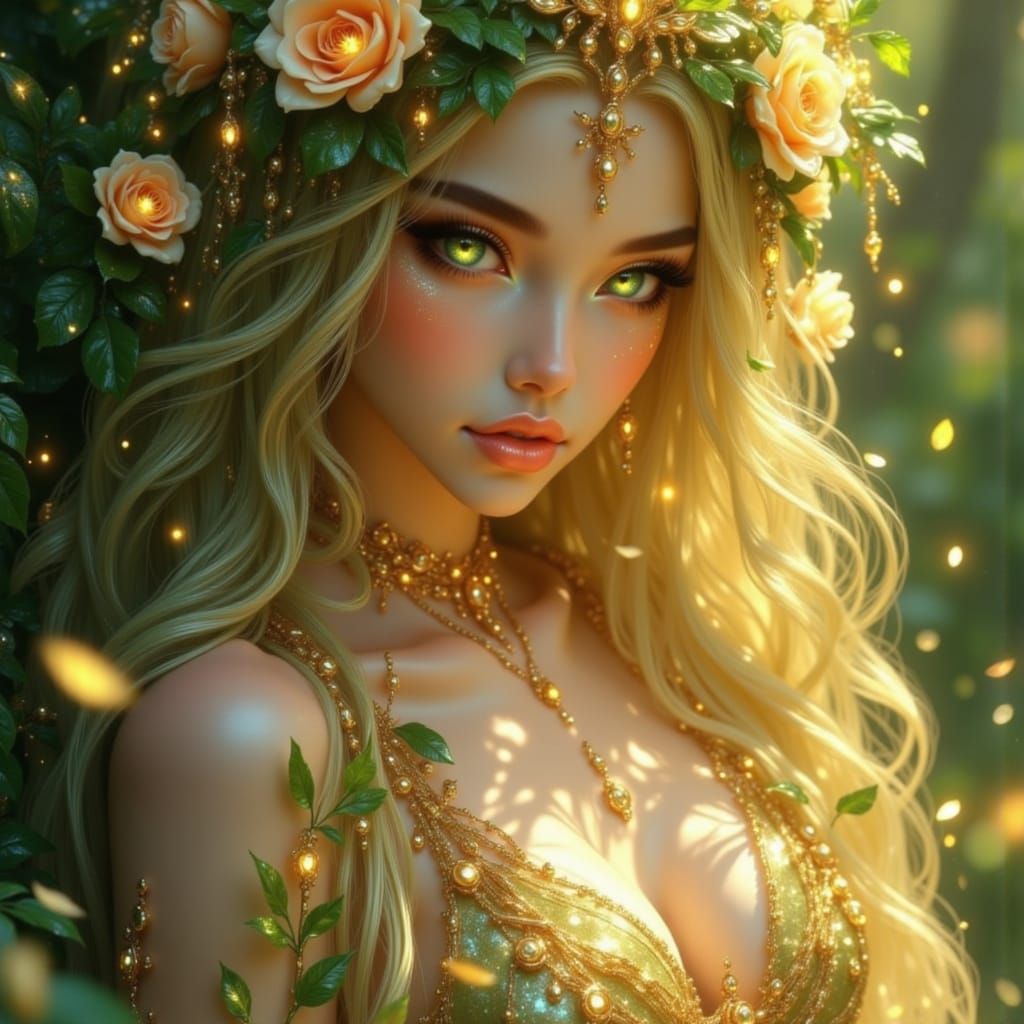 Anime earth goddess in a gown made of vines and flowers, glowing green eyes, crown of leaves, surrounded by floating petals and glowing ston...