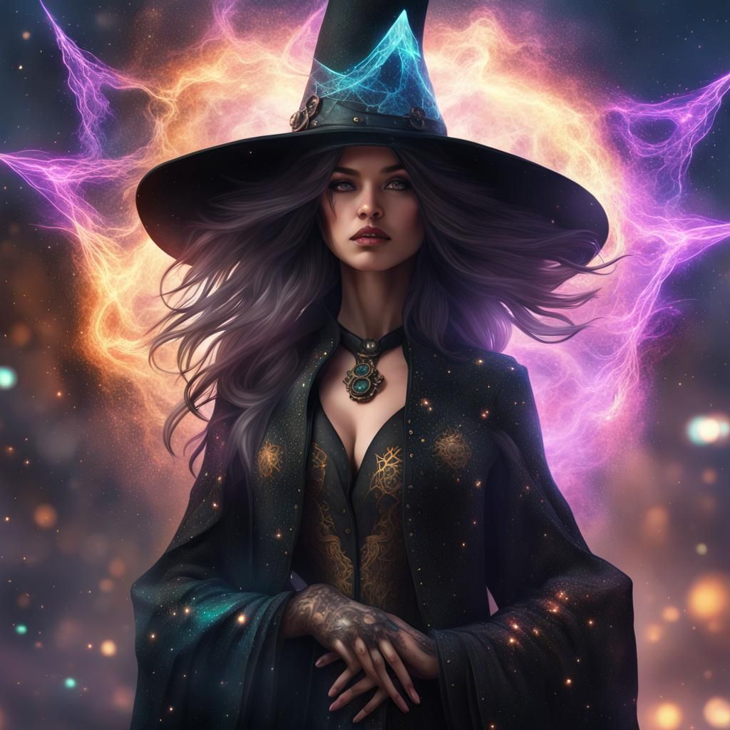 cyberpunk witch, beautiful, exploding stars background, flowing robes ...