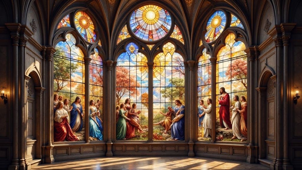 Transform the ceiling paintings and all large window panels in this cathedral image into hyper-realistic stained glass, directly inspired by...