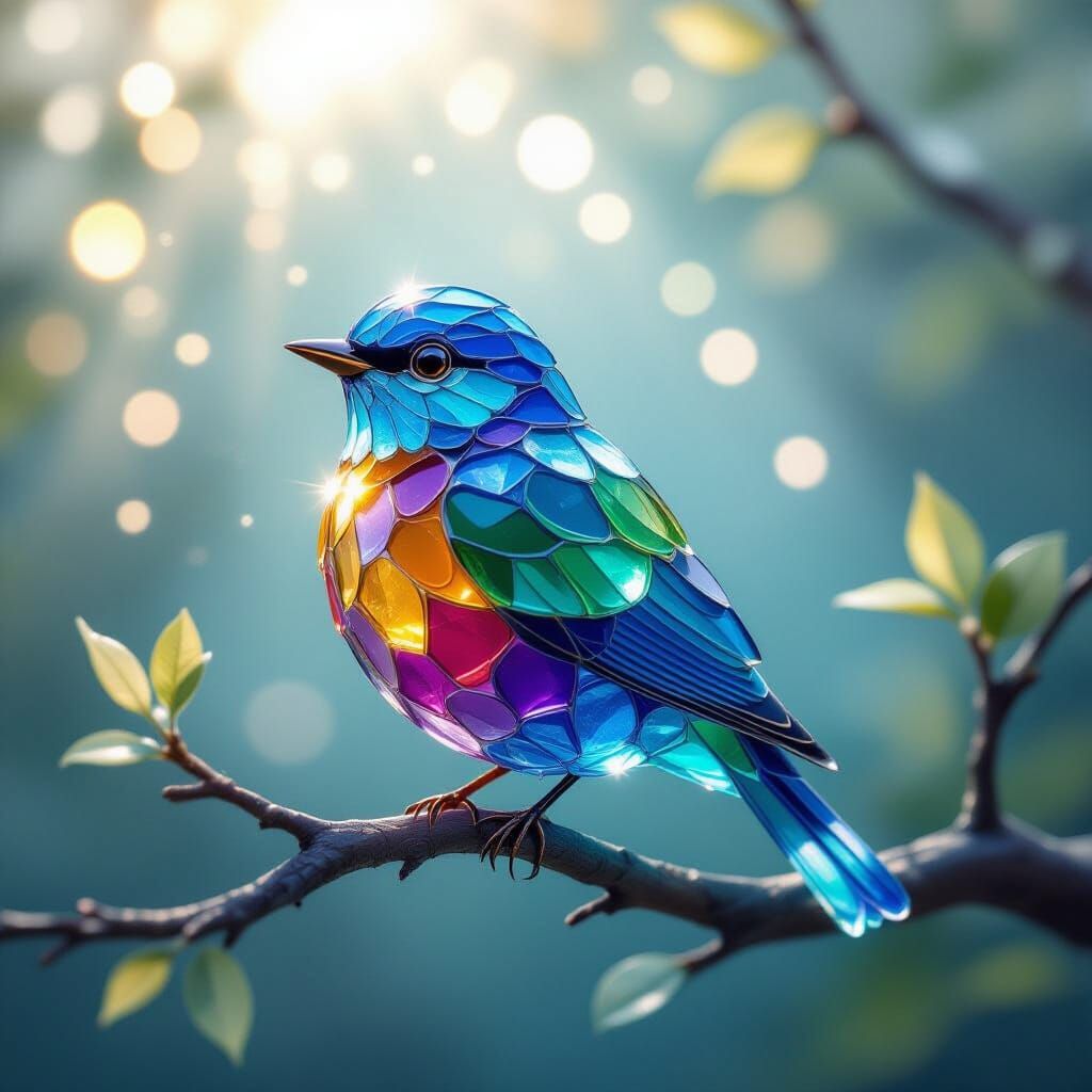 A delicate, artistic sculpture of a bird made from colorful sea glass. The bird sits gracefully on a ...  by @Observer1