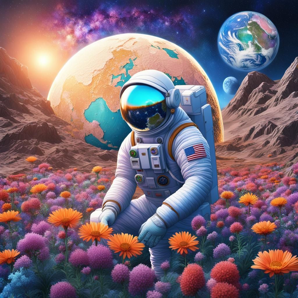 A man in a spacesuit tending to the flowers in a dome on the...
