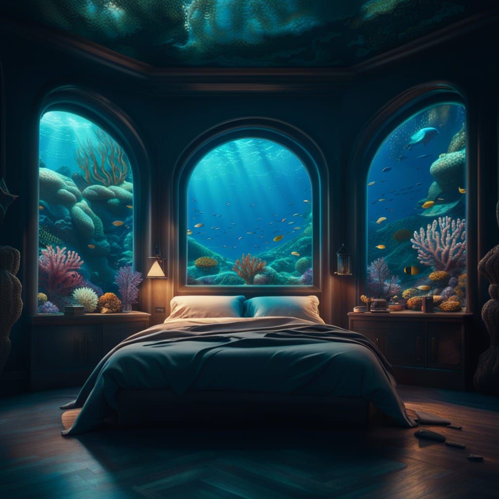 bedroom underwater with a window to the coral reef  by @NOLAN RICHARD