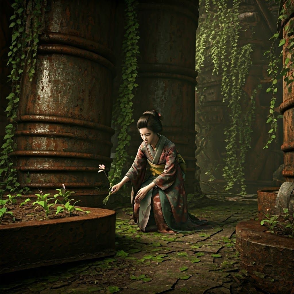 A Despondent Geisha Tends a Post-Apocalyptic Garden