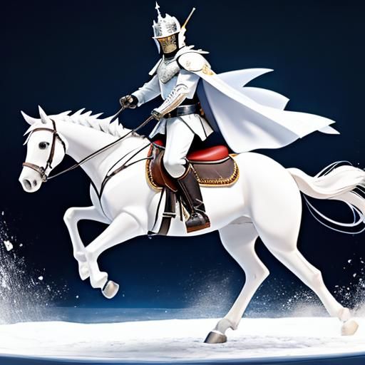 knight in shining white armor, mounted on a white horse