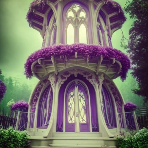 Whimsical purple Gothic Treehouse with Circular windows& ethereal