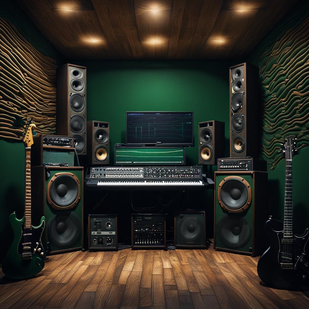 Music homestudio with Guitars and amps in background, Comput...