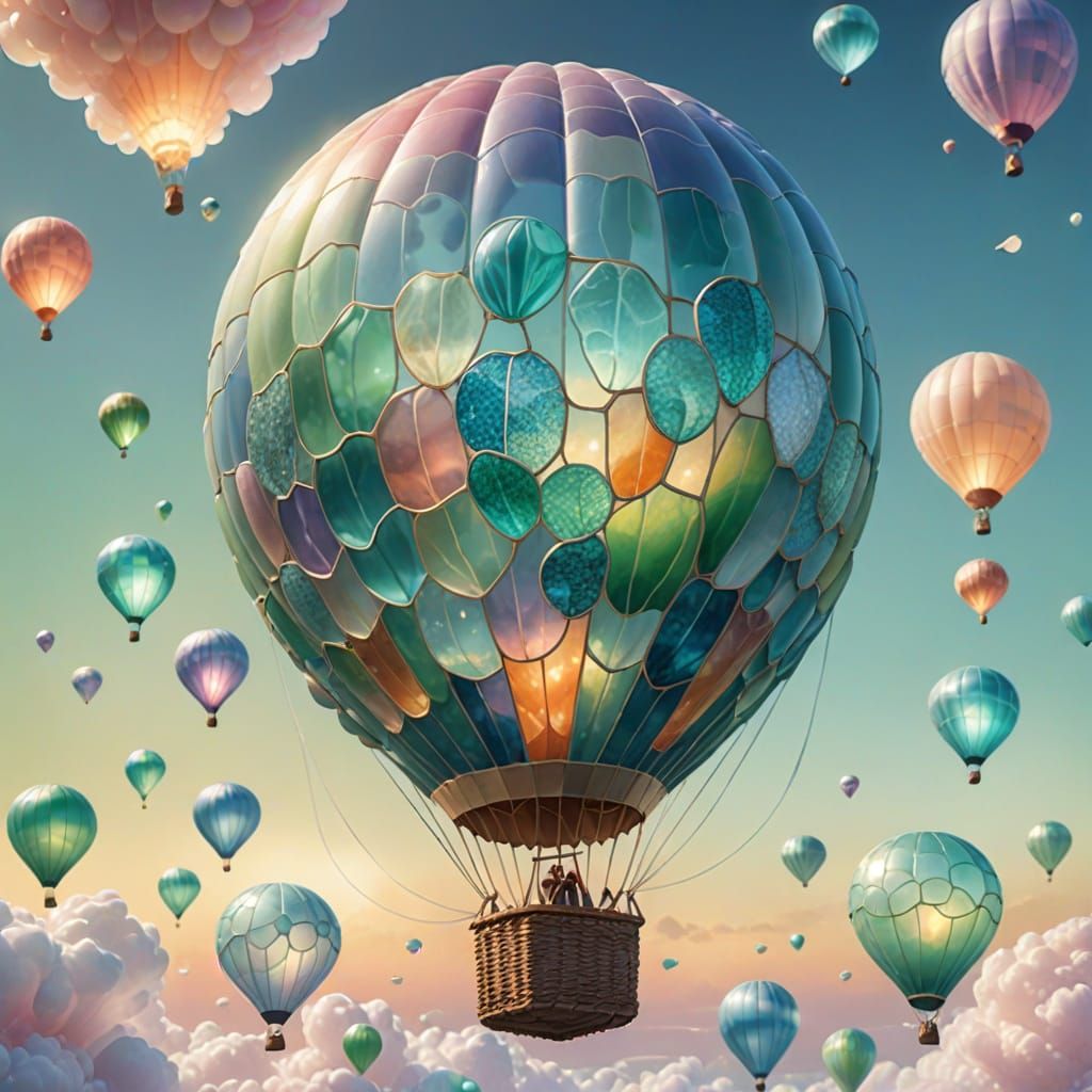 Sea glass creation. A hot air balloon entirely made of sea glass sparkles in the sky.