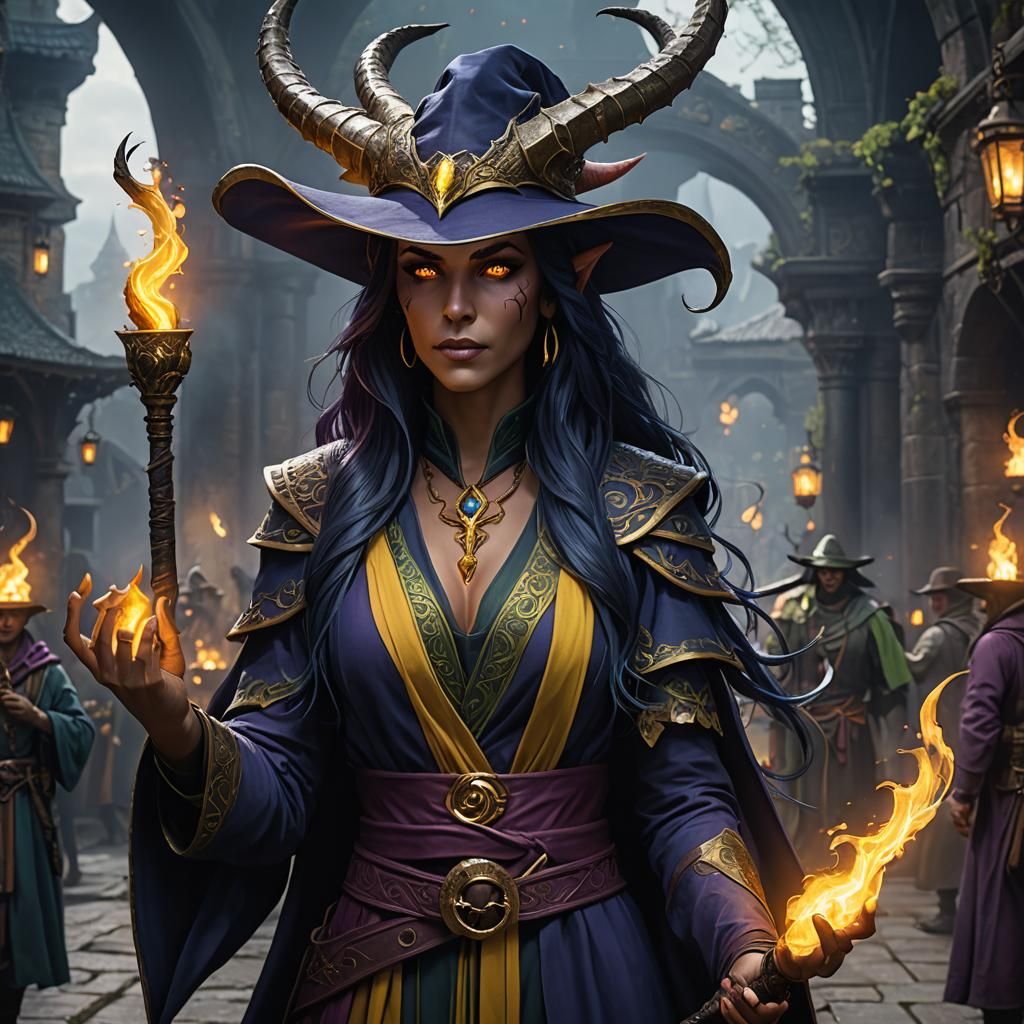 female tiefling, sorcerer, glowing yellow eyes, beautiful, l...