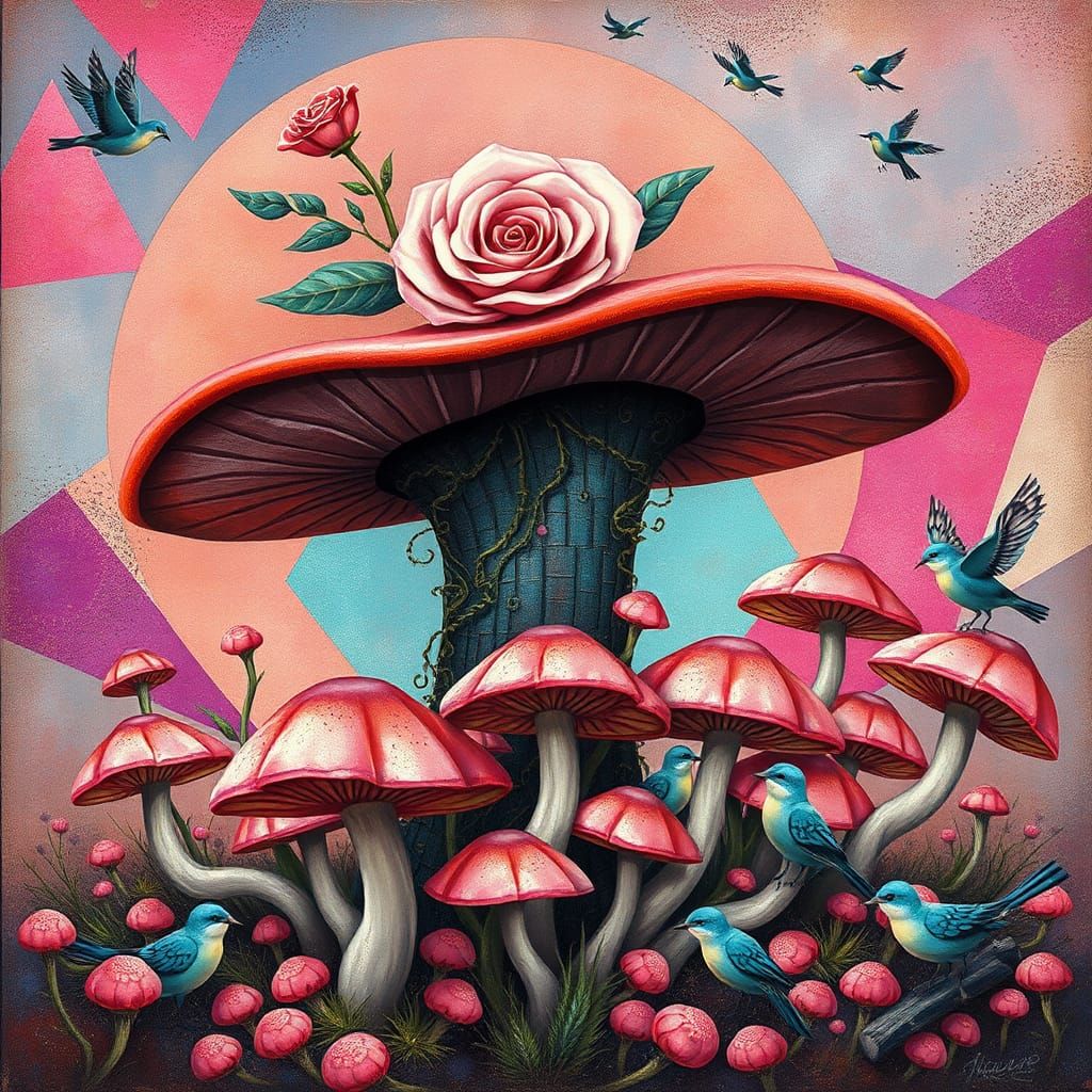 an abstract of a large brimmed hat, a rose, abstract  geomet...
