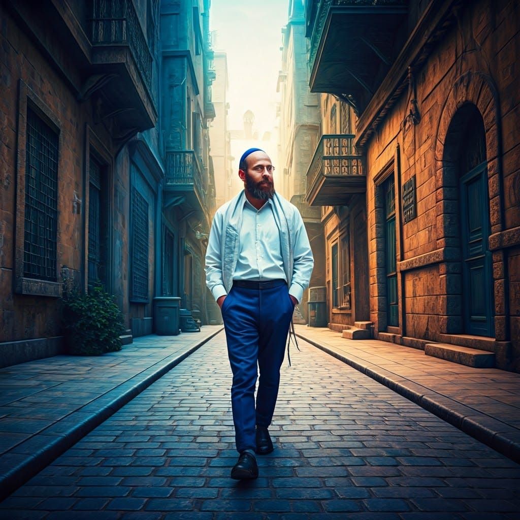 Orthodox Jewish Man in Vibrant Street Scene
