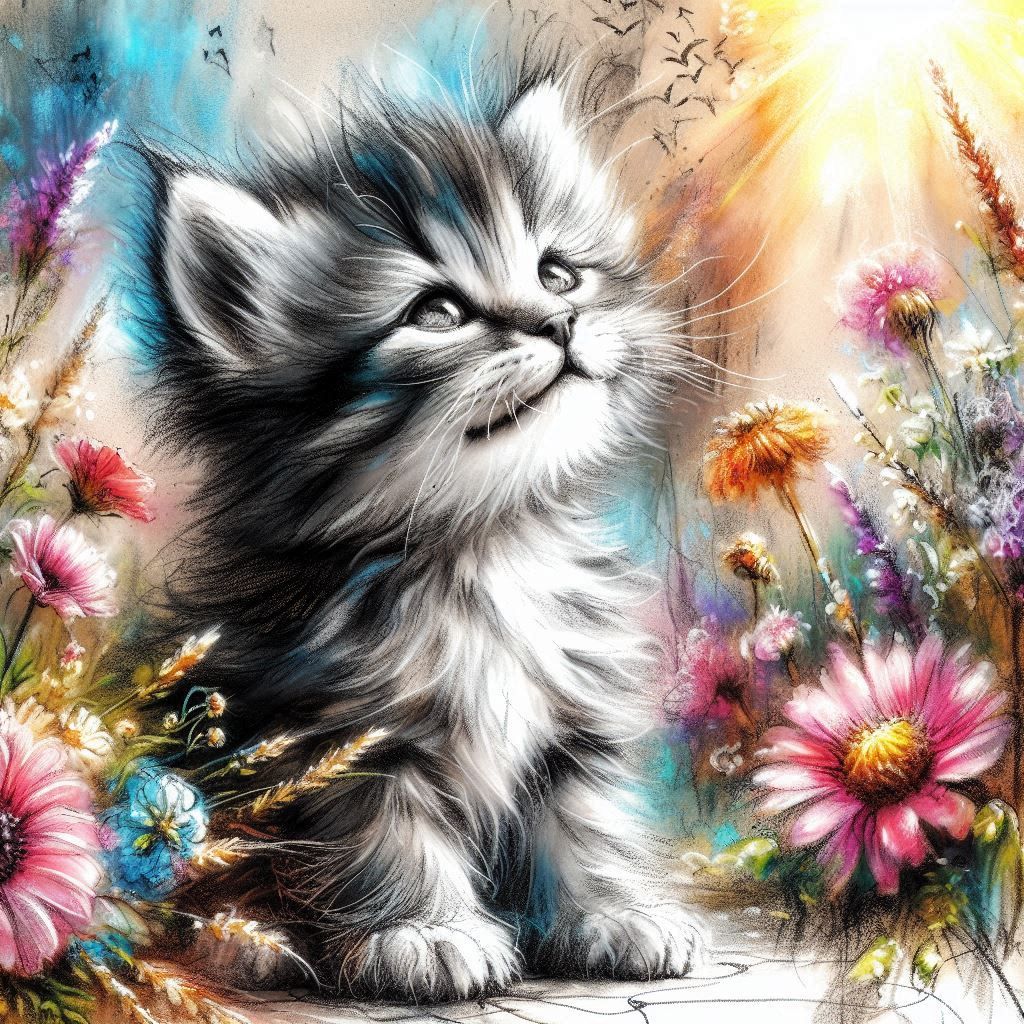 cute fluffy kitten, charchoal and alcohol ink.