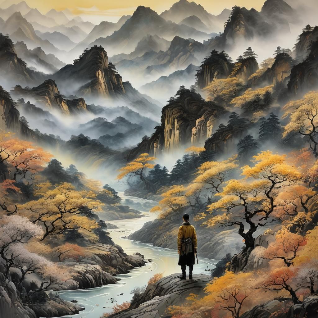 Misty Mountain Landscape in Impressionist Gouache