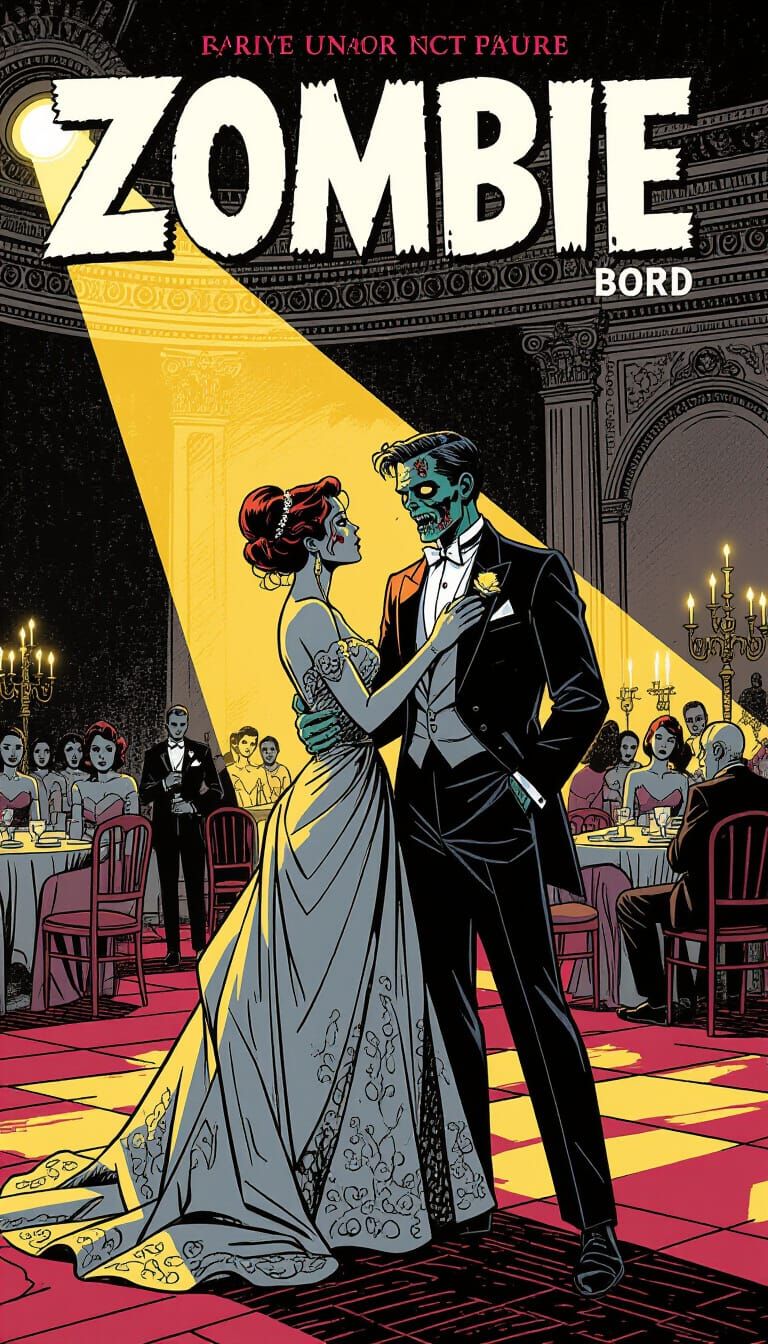 Detailed comics storyboard splash page titled "ZOMBIE". A horror story set on a elegant student prom. , ornate ball room, Zombie elegant stu...