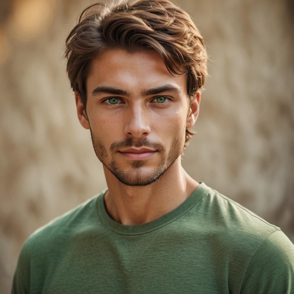 brown hair male fit model green eyes