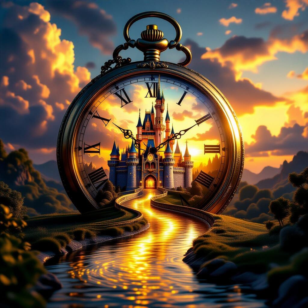 Majestic fantasy kingdom glowing inside a giant antique pocket watch, golden river leading to the castle, ...  by @Juri AI Dreams 