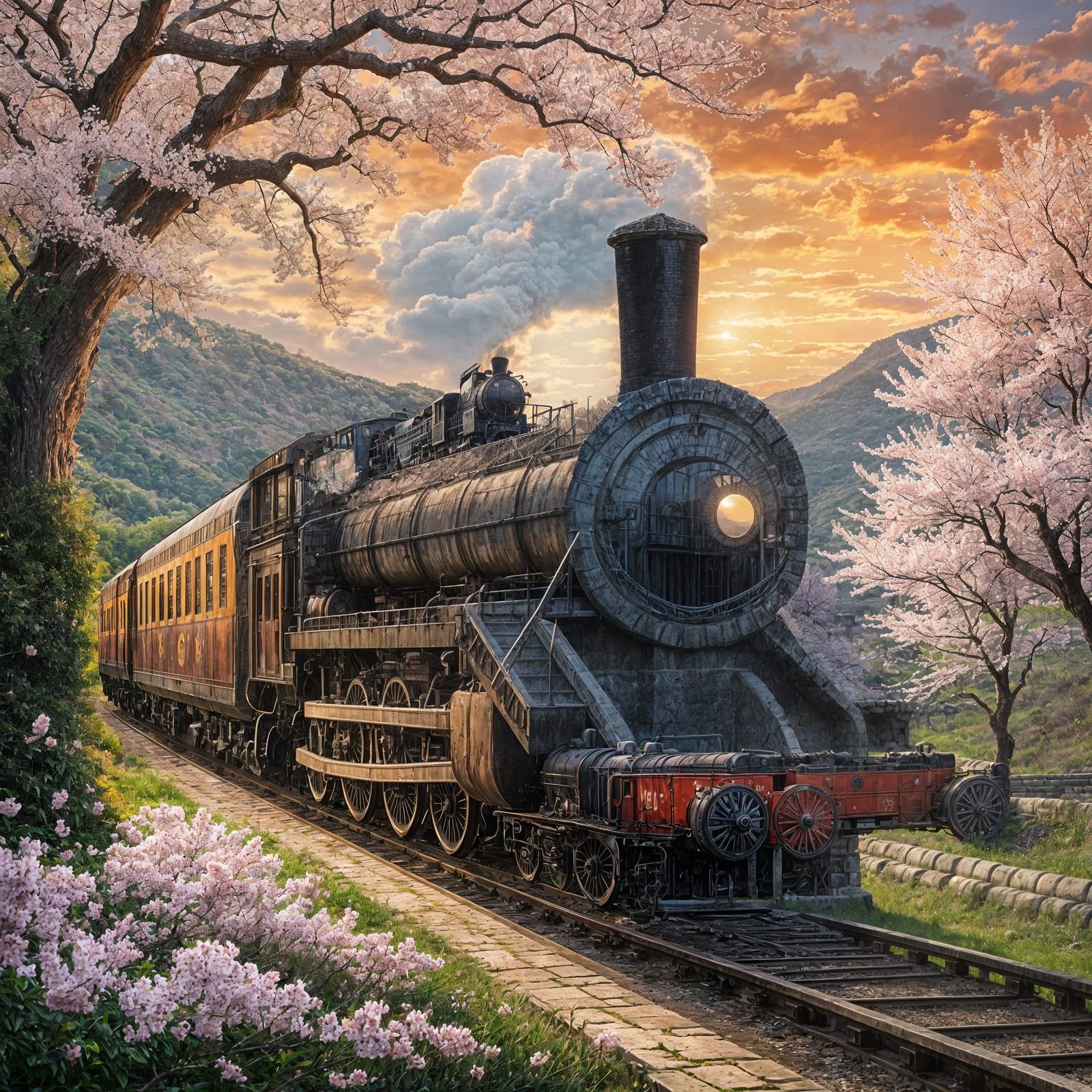 Vintage Train Through Cherry Blossom Landscape