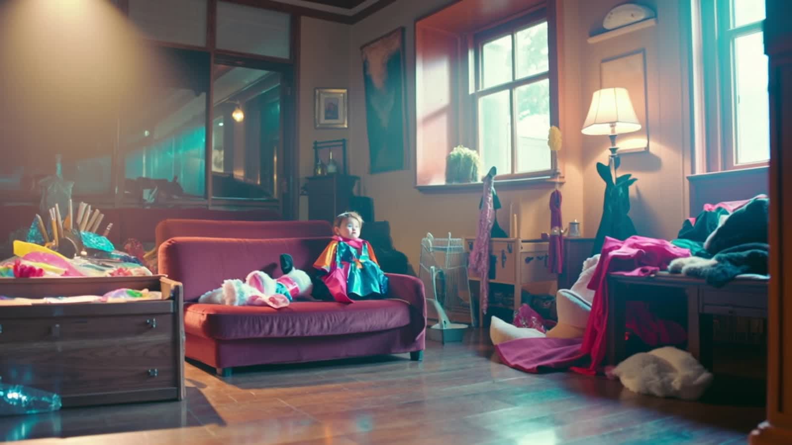 A golden hour 90s-style child's bedroom glowing with soft sunlight through the window, filled with cardboard swords, gli...