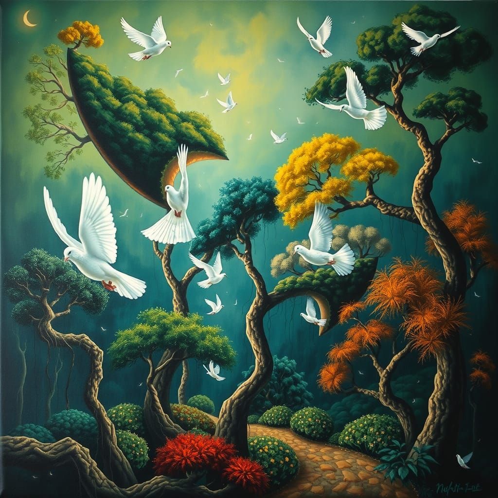 Surreal Forest with Doves in a Dreamlike Landscape