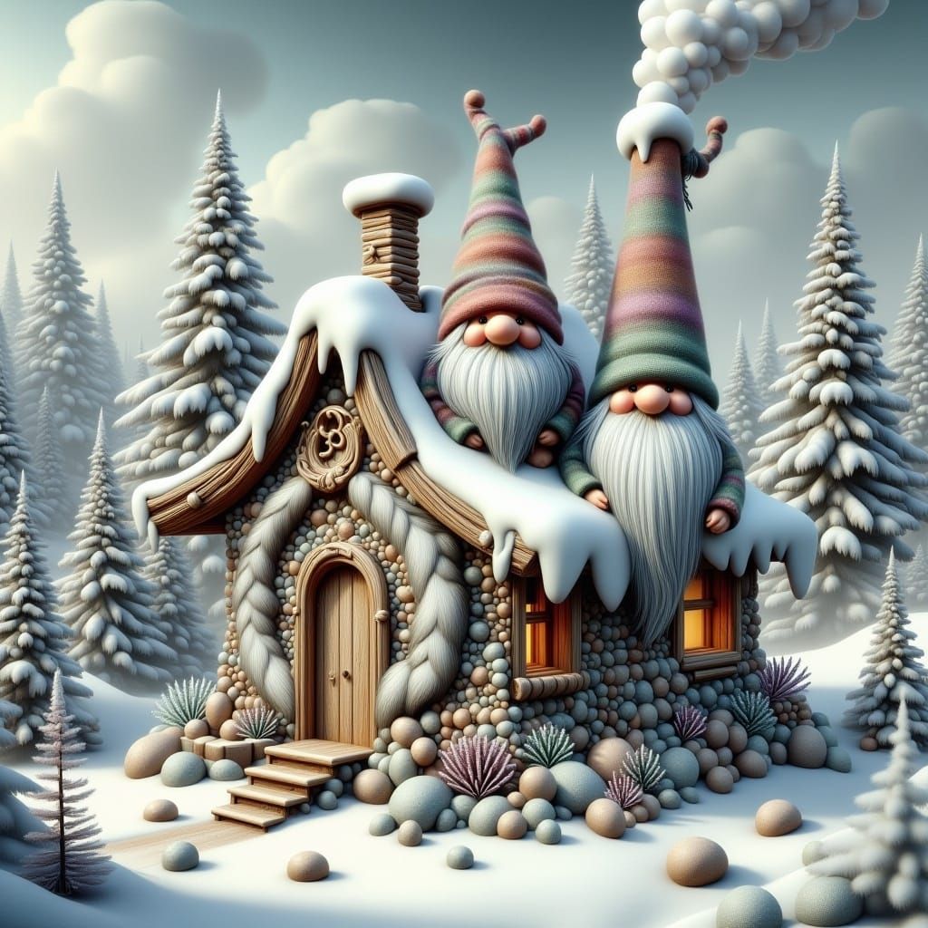 <lora:Scandic Gnomes:1.0><lora: nordic gnomes peeking out of the chimnee at the rooftop from the Gnomeshouse, watching a snow-covered landsc...
