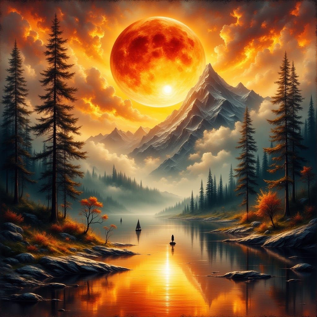 ```
A breathtaking fantasy landscape painting featuring a serene mountain lake at sunset. In the foreground, ...  by @CIRCLE