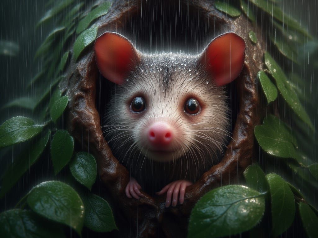 <lora:FiosAnimalsInTheRain:1.0> Cute Possum in a Tree Hollow