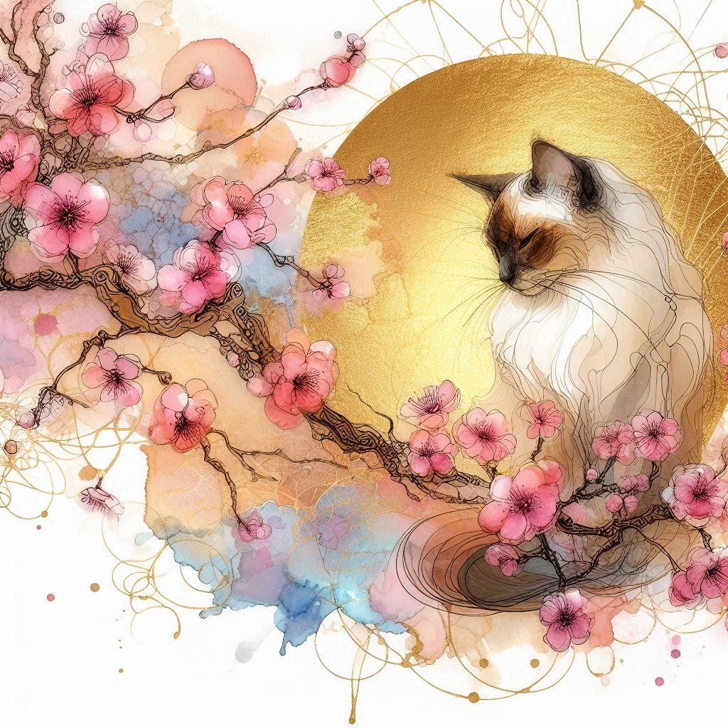 siamese cat, sakura tree, spring