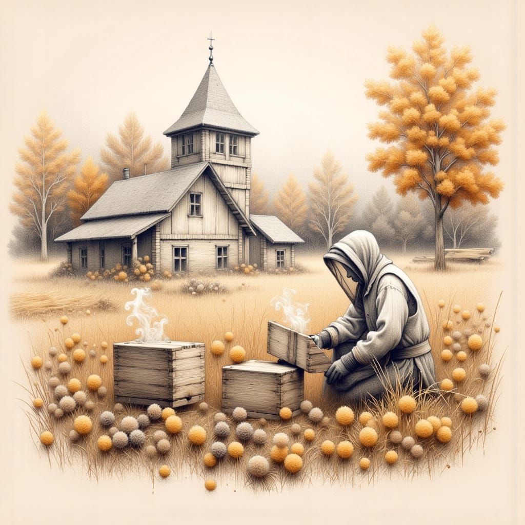 <lora:smoky:1.0> <lora:province:1.0> on a flat drawn background of an provincial autumn town beekeeper near a straw hive. Pencil drawing wit...