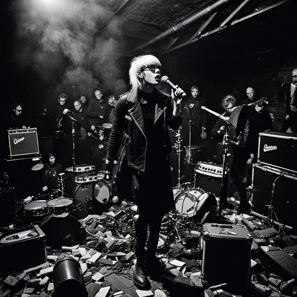 dark basement. punk rock performance club. fog. female gothi...