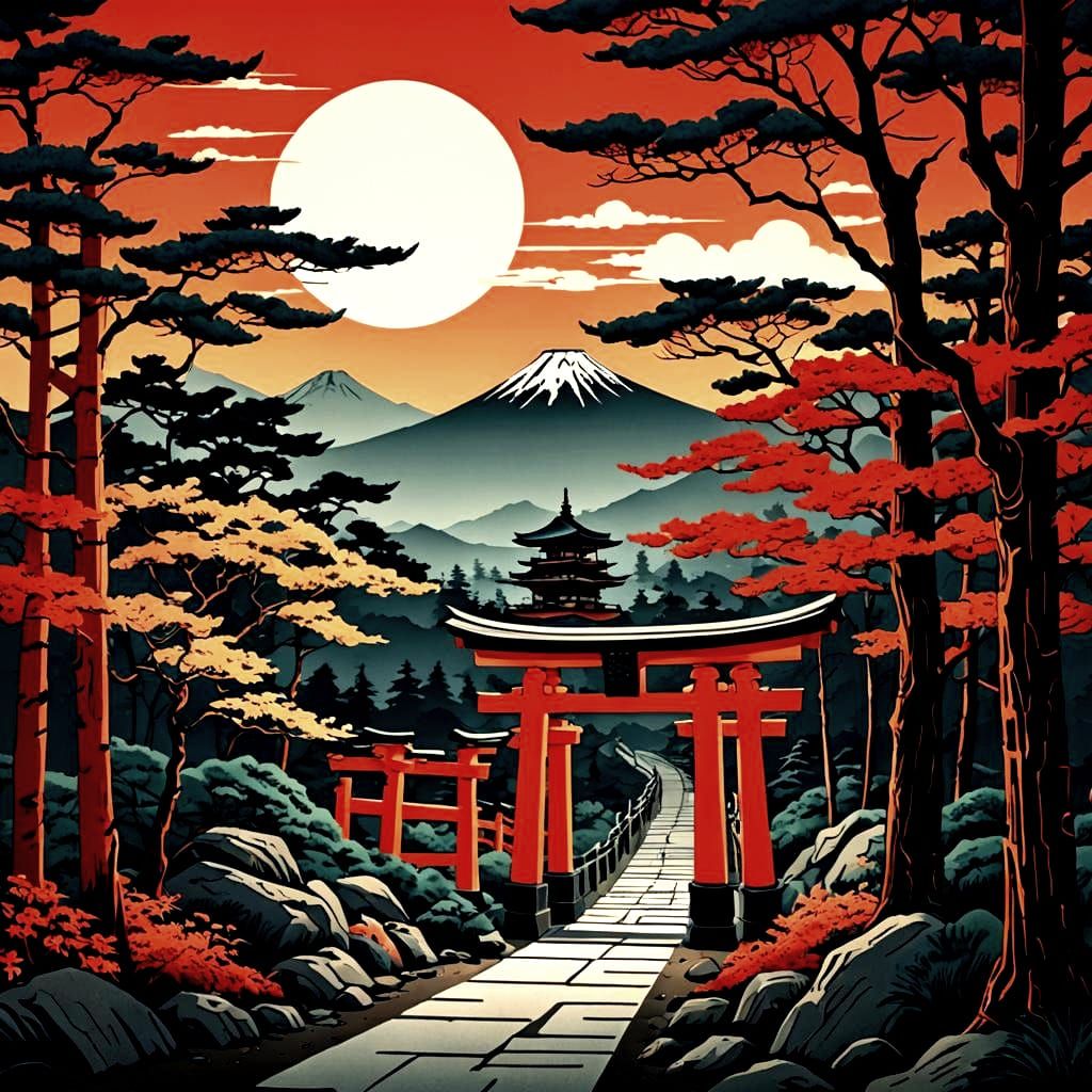 Ukiyo-e || A stylized and dramatic illustration of a traditional Japanese torii gate pathway, inspired ...  by @kylapink