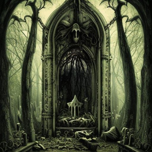 abandoned cemetery gothic forest dark fantasy altar black ca...