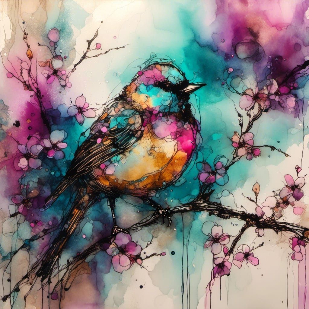<lora:HRH-neonGrunge:1.0> neon grunge, abstract, alcohol inks, songbird on a blossom branch
