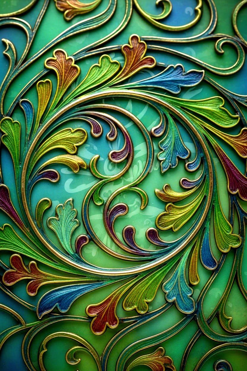 Verdant Curves: variable shades of green accented with deep rich complimentary jewel tones. {NB1}