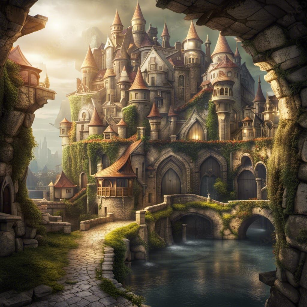 Fantasy City surrounded by magical walls. outside wiew - AI Generated ...