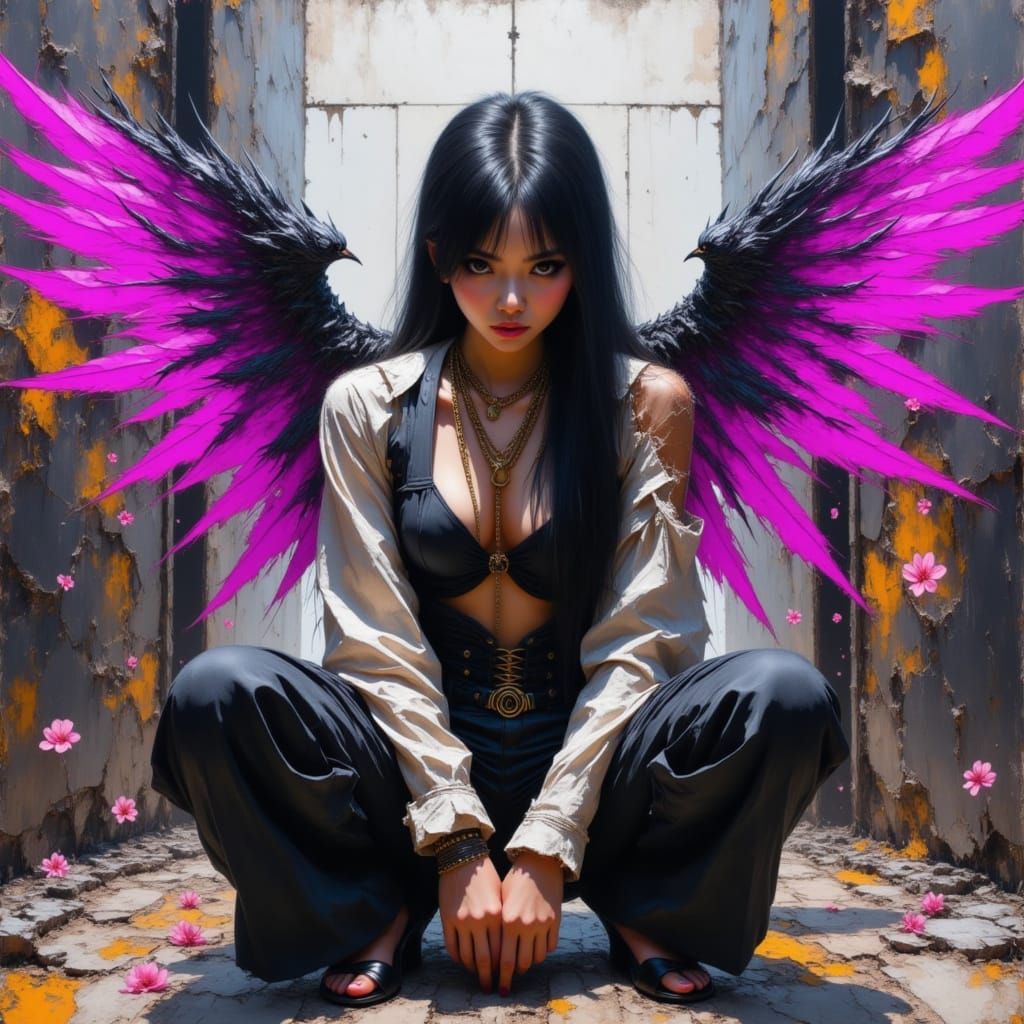 <lora:TexturedLinesV2:1.0> In Dynamic_pose Low-angle shot of crouched girl hip hop pose,close-up,Surrealism Sinister manga_style portrait of...