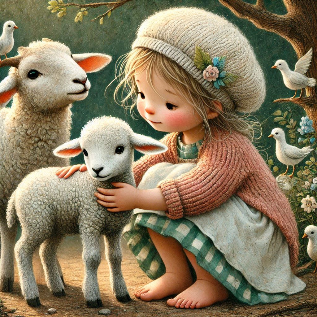 The little girl caresses her sweet lamb