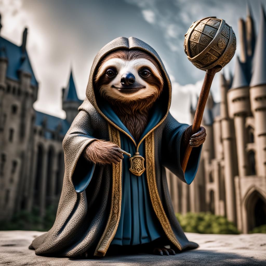 Sloth in Hogwarts robe casting a spell bobble head AI Generated