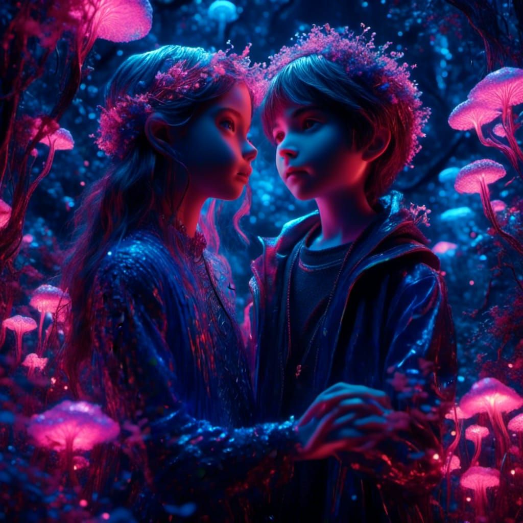 <lora:The Luminous Game:1.0>Envision a spellbinding scene featuring a close-up of a girl and a boy in a dark, mythical bioluminescent lumin...