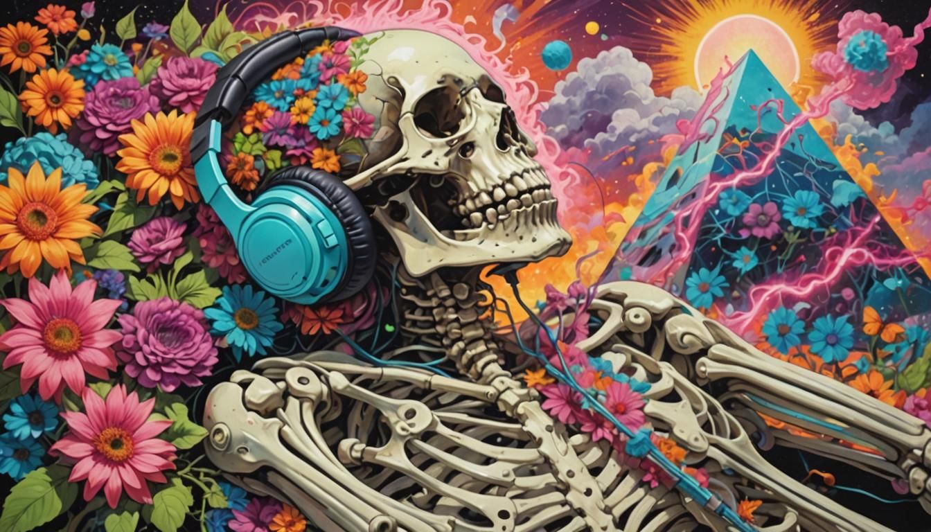a painting of a resting, sick body, triangular skeleton wrapped in neon flowers, headphones on, colorful hair, happy, retro art, life and de...