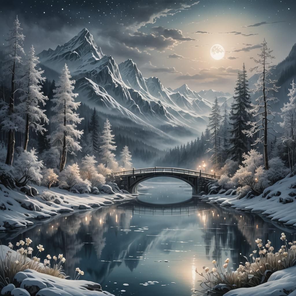 Moonlit Lake and Silver Forest Landscape