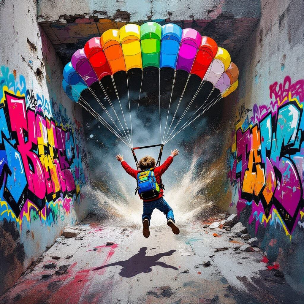 Boy's Parachute Descent: Graffiti Art Splash in Street Style