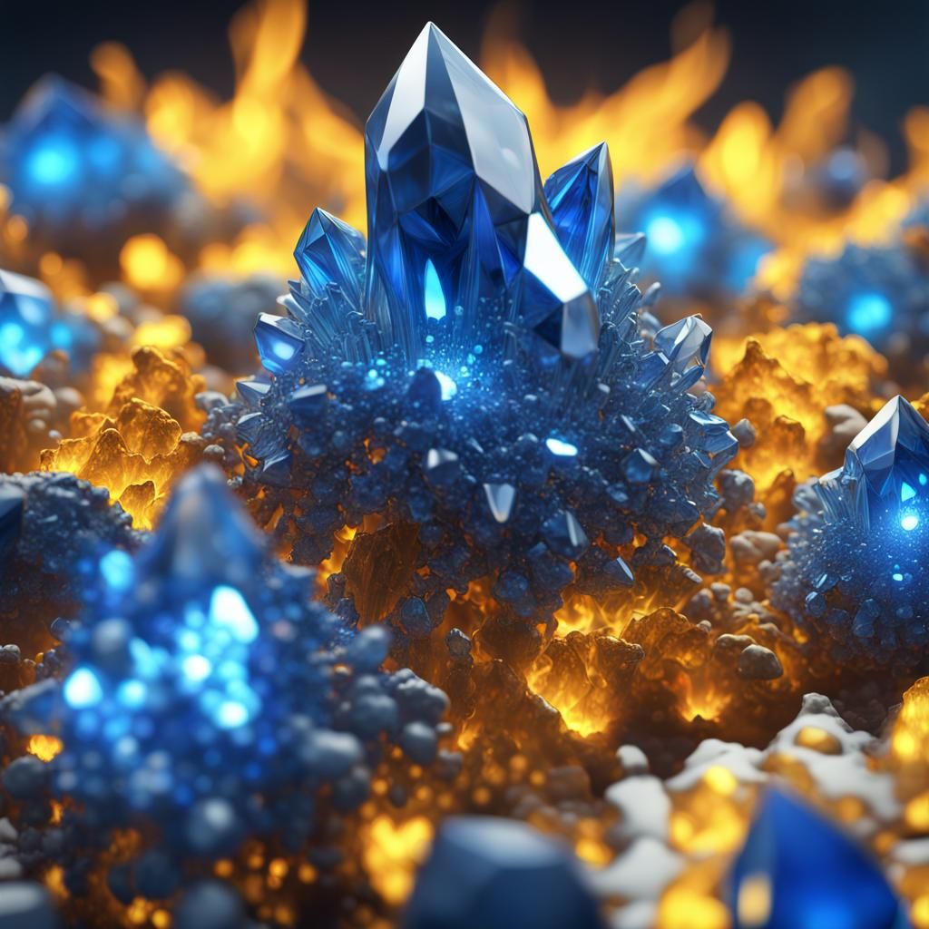 Blue crystal clusters against a background of yellow