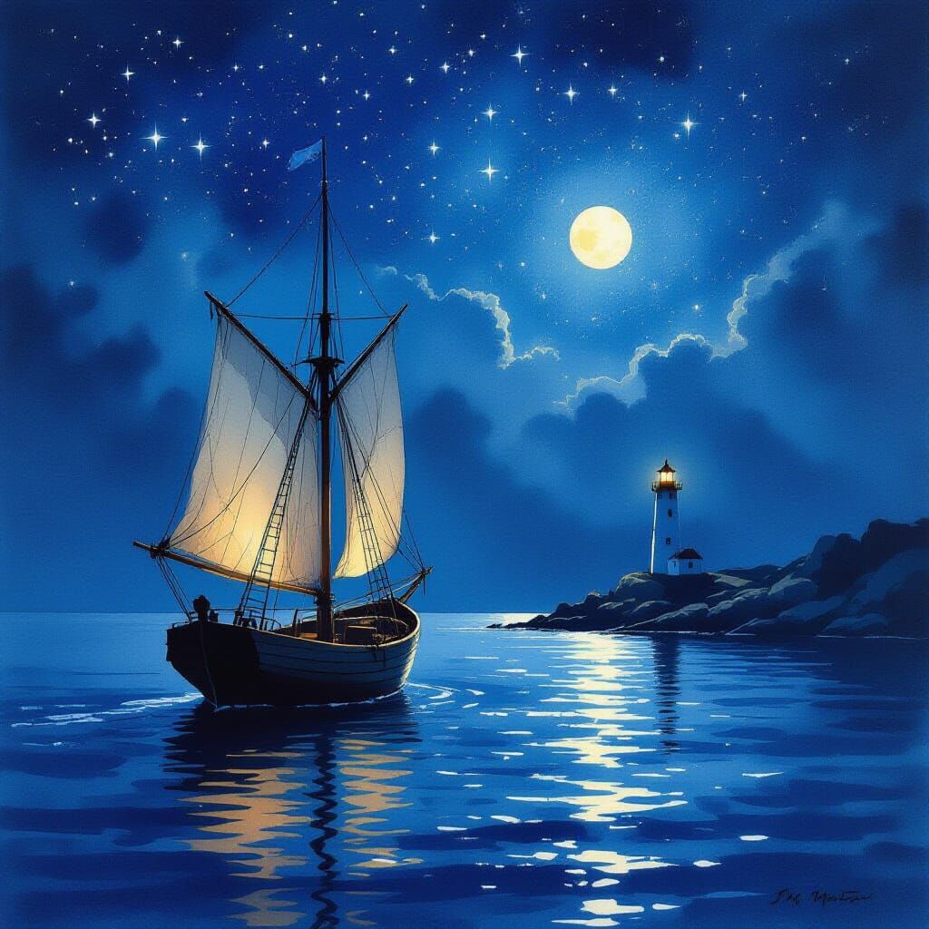 Empty Ship at Sea with Lighthouse – Starry Watercolor  by @work