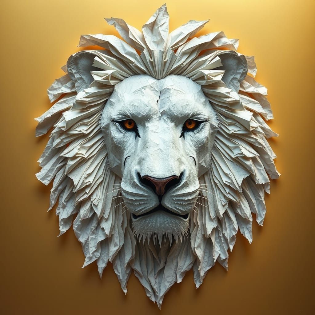 Paper Lion Head Sculpture in Mixed Media Style