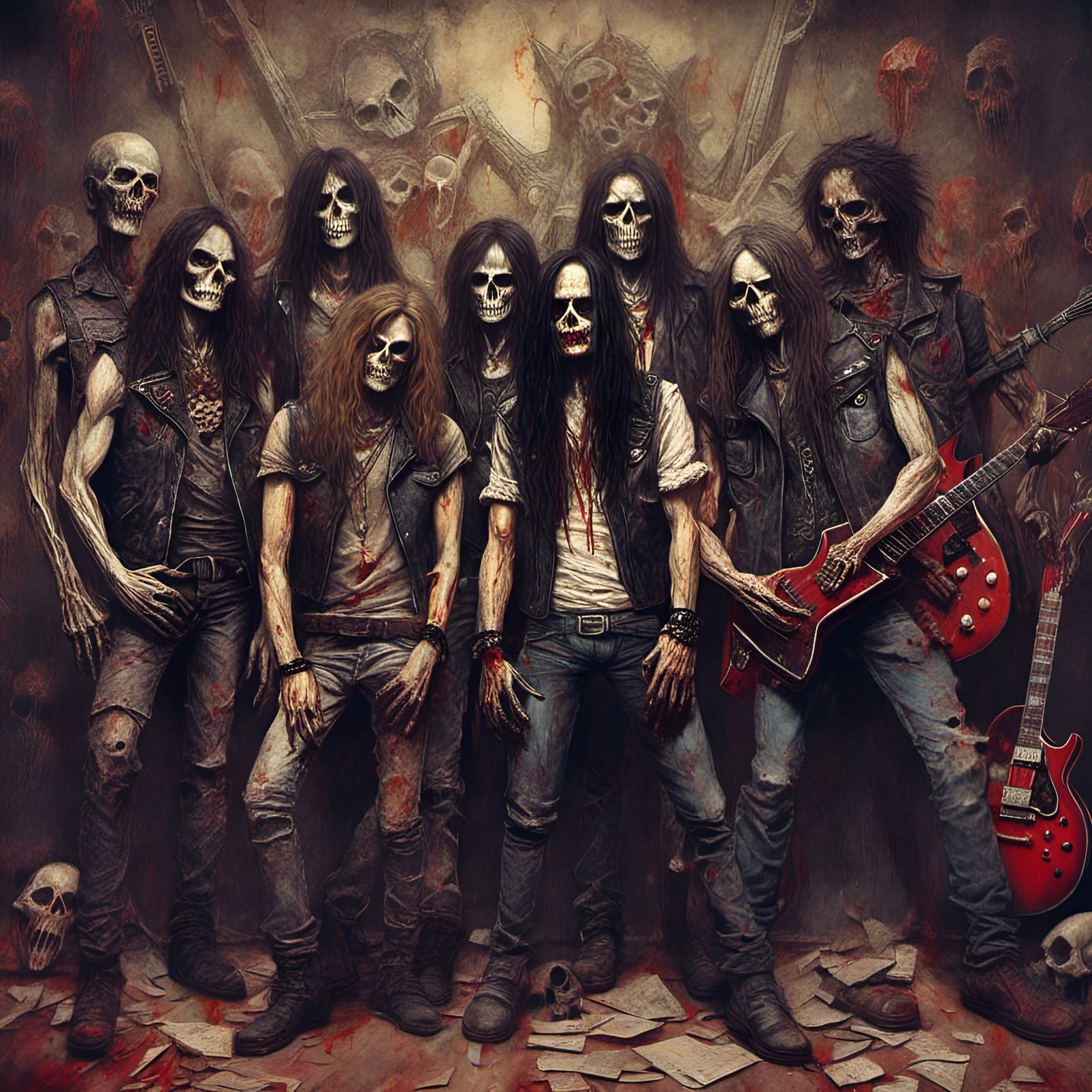 <lora:Macabre:1.0> rocker zombies heavy metal musicband with...
