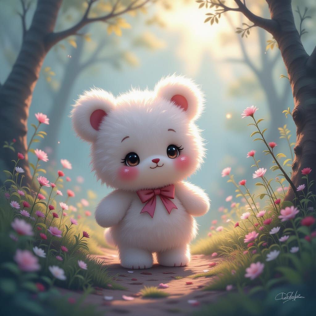 Whimsical Pom-Pom Character in Dreamy Fantasy Scene