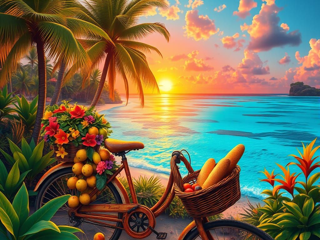 Surreal Caribbean Paradise in Vibrant Sponge Technique