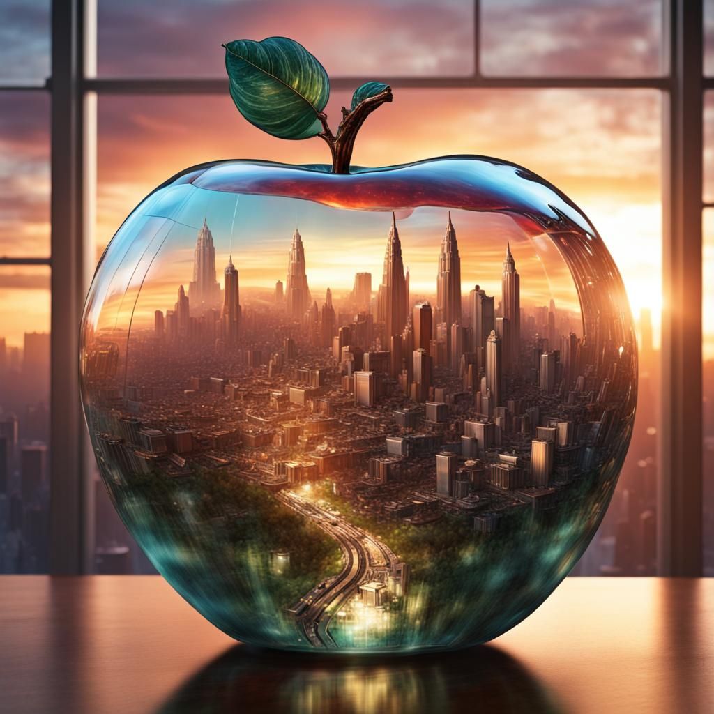 An amazing giant colossal Glass Apple containing a tiny city inside a giant glass apple, hyperdetailed ...  by @ByToi