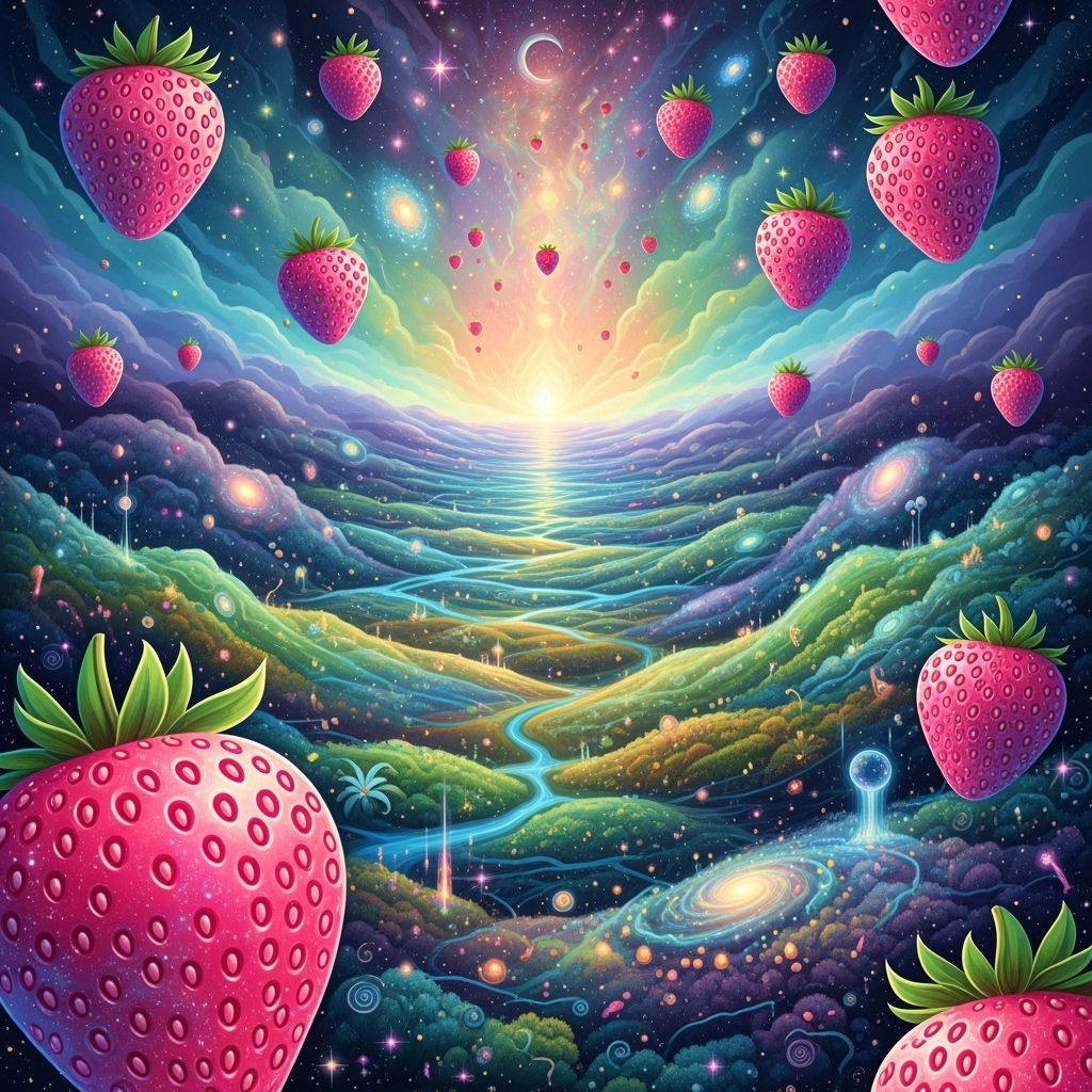 psychedellic  pink strawberries in a field of dreams